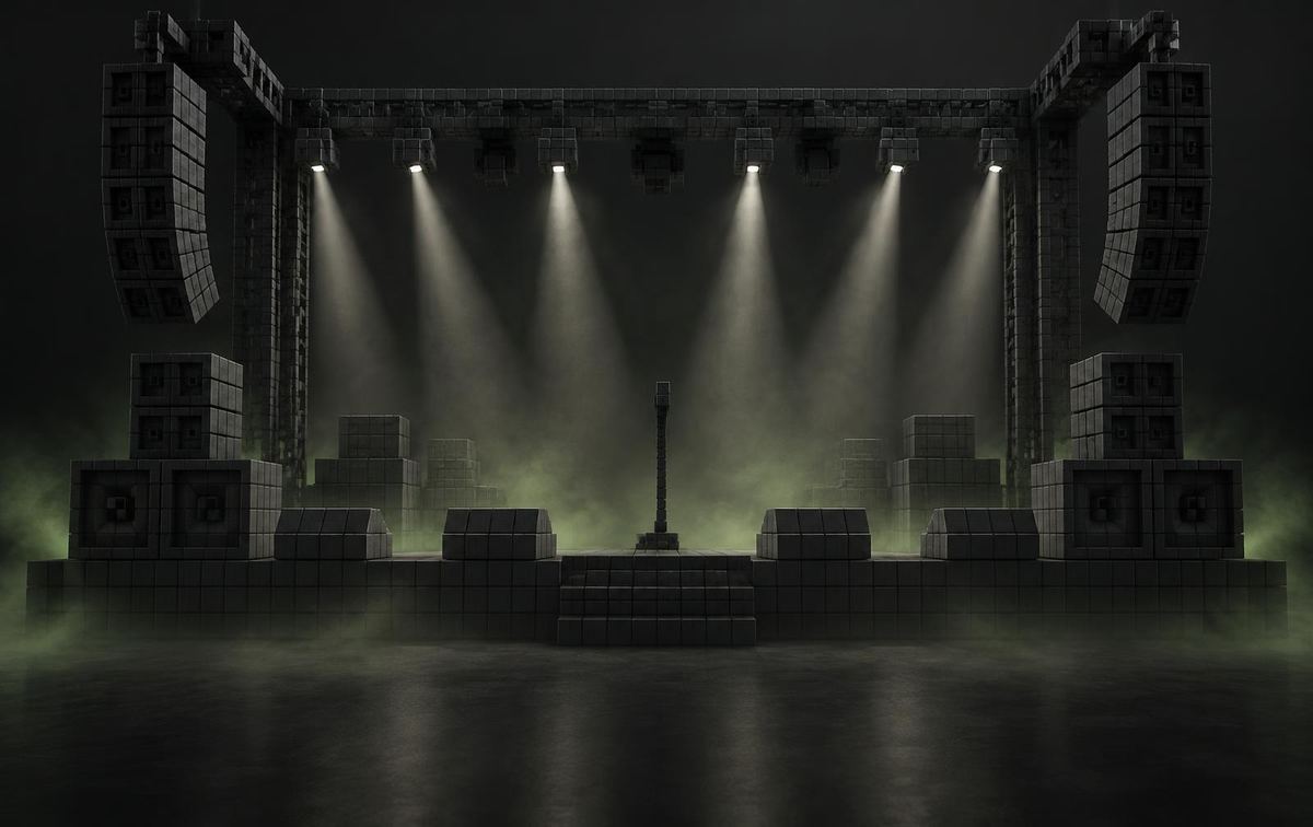 Voxel model of a concert stage with speaker stacks
